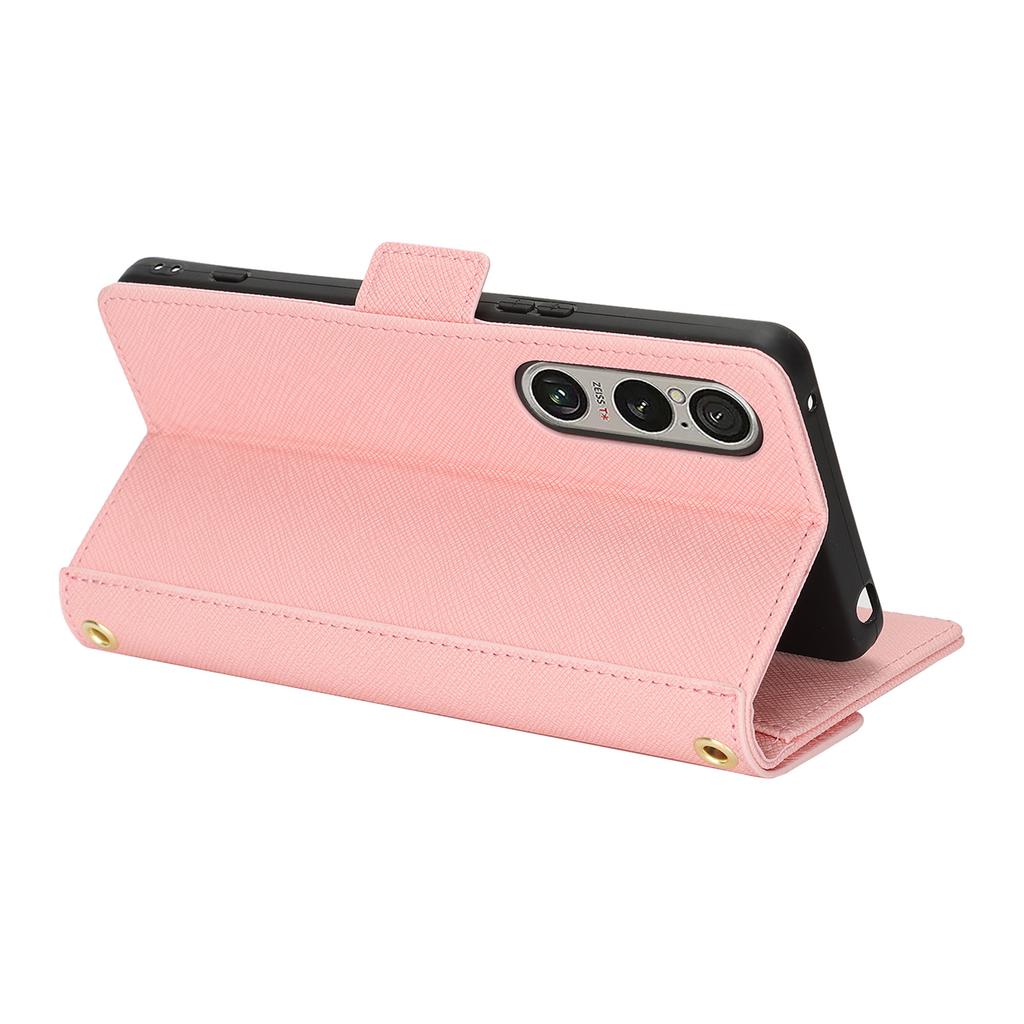 For Sony Xperia 1 VI Stand Case Cross Texture PU Leather Wallet Phone Cover with Shoulder Strap/Makeup Mirror