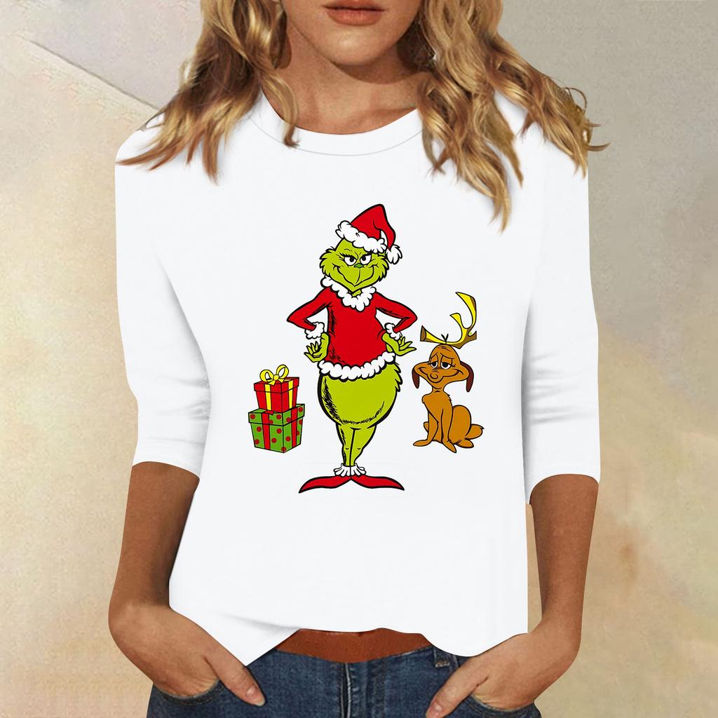 3/4 Sleeve Tops For Women T-Shirt Casual Christmas Print Tops T Shirt Round Neck Pullover Blouse