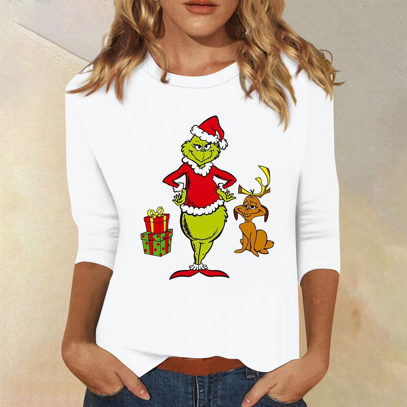 

3/4 рукава топы для женщин футболка повседневные рождественские принты топы футболка круглый вырез пуловер блузка XL белый