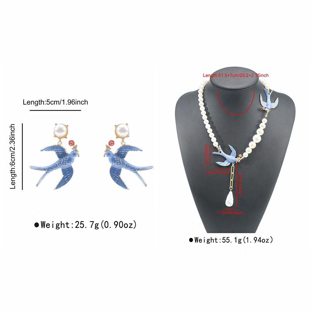 Beads Blue Enamel Swallow Necklace Bird Women's Jewelry Set Luxury Geometric Earrings Evening