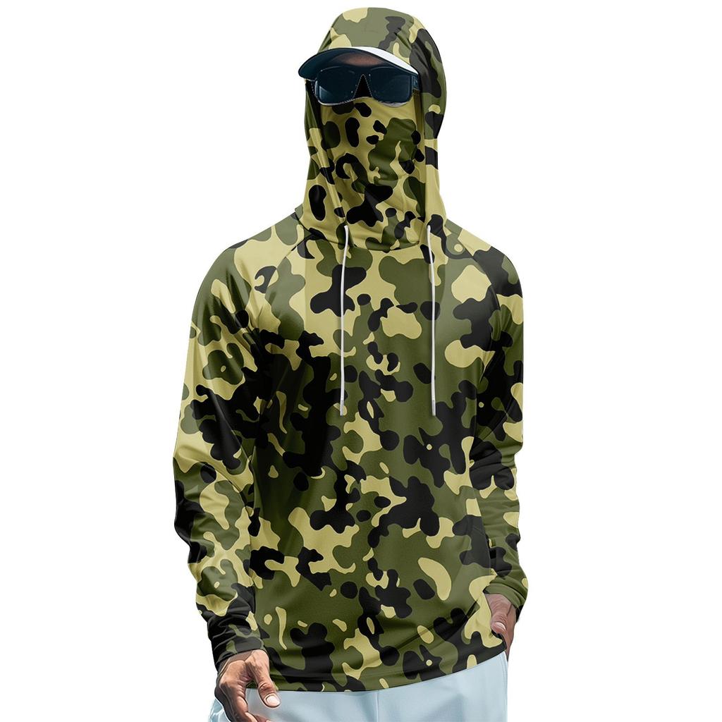 Men's Summer Camouflage Quick-drying Long-sleeved T-shirt Sun Clothing Fishing Fitness Sports Hooded Long-sleeved Top