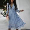 Women's Fashion Long Sleeve V-neck Skirt Pleated Knee-length Print Dress