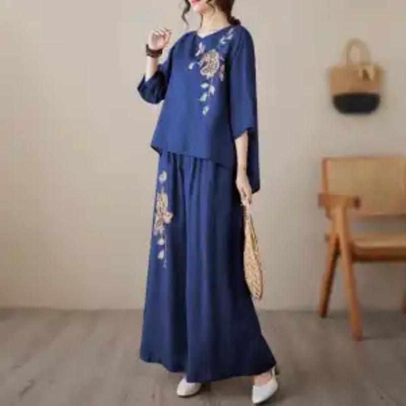 

Комплект вышивки льняная летняя рубашка пуловер с короткими рукавами легкие брюки из искусственного хлопка и льна с широкими штанинами комплект из двух предметов 4XL