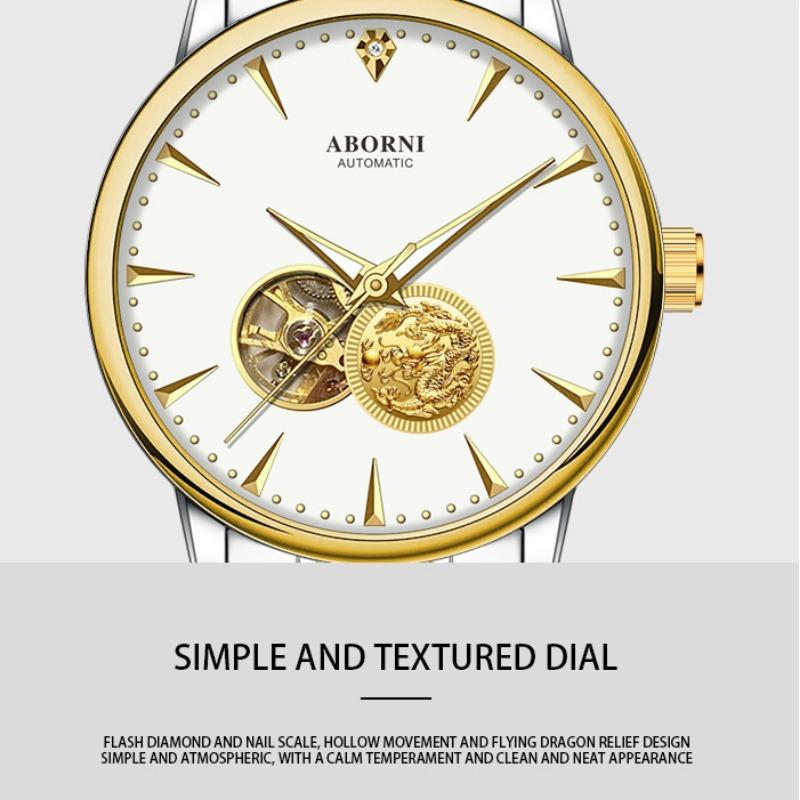 ABORNI Automatic Mechanical Watch Skeleton Gold Dragon Waterproof Luminous Diamonds Men's Watch
