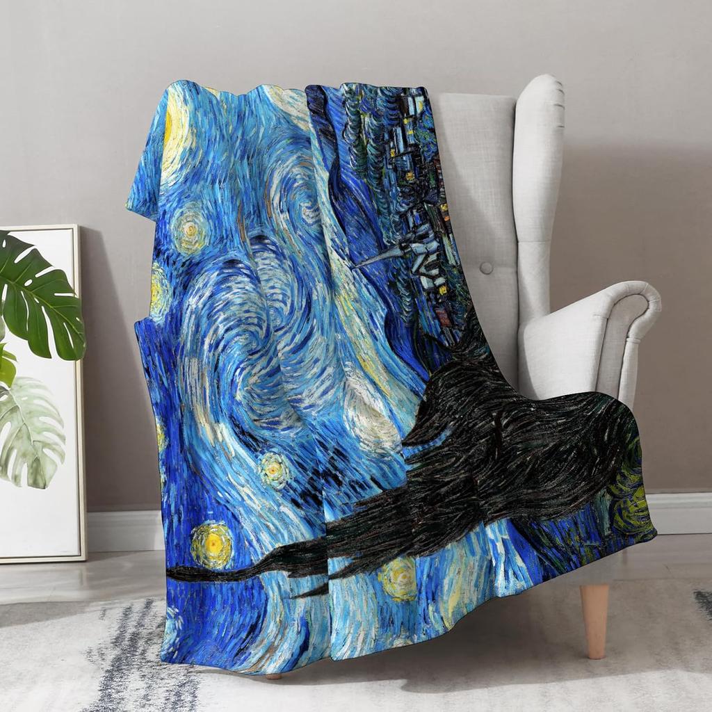 Starry Night Van Gogh Art Print Fleece Blanket Famous Painting Design Soft Cozy Throw Home Decor For Living Room Or Bedroom