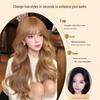 Korean Style Champagne Blonde Full Head Wig - Long Curly Hair with Blunt Bangs, Natural Seamless Fit, Big Waves, Light Gold Shade.