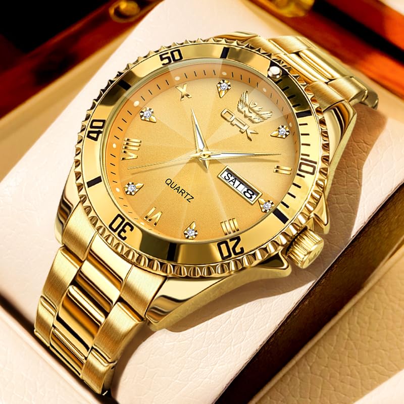 OPK Men's Quartz Watch with Date Display, Waterproof, Luminous, Stylish, Classic Stainless Steel Watch for School or Office, Gold