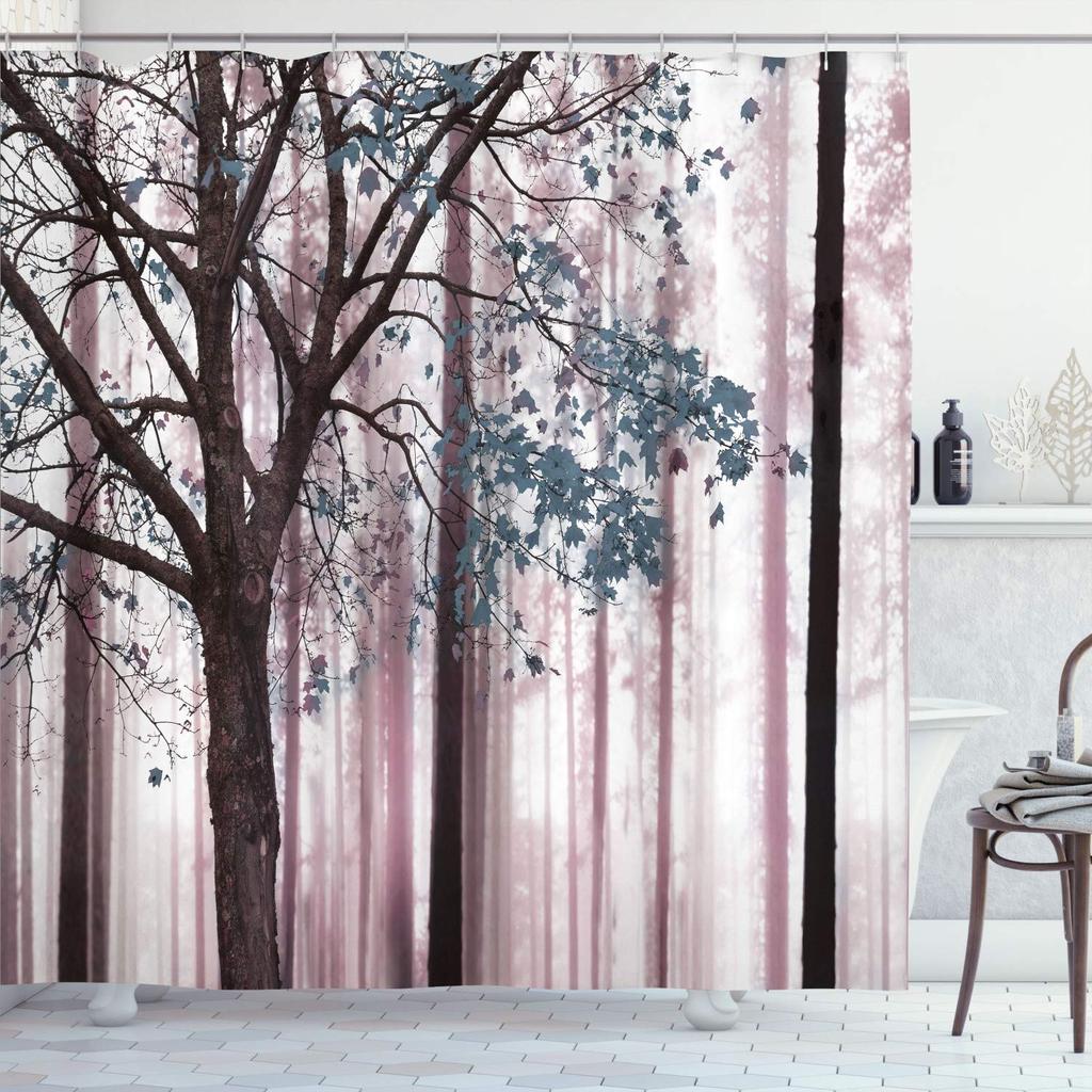 Autumn Shower Curtain,Fall Season Theme Forest Tree Leaves on An Abstract Woodland Background Bathroom Curtains with Hooks
