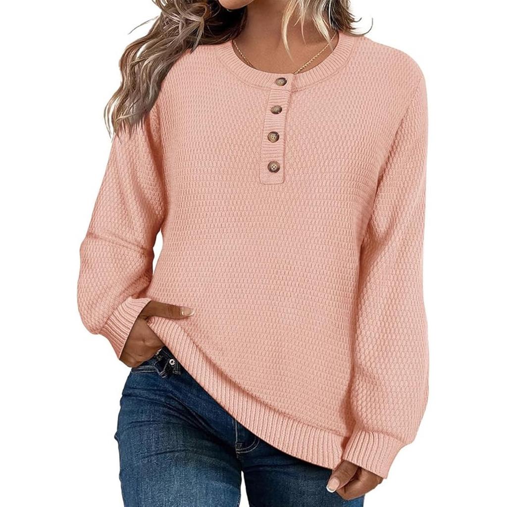 Women's Loose-Fitting Solid-Color Button-Up Long-Sleeved Round-Neck Pullover Knit Sweater Top