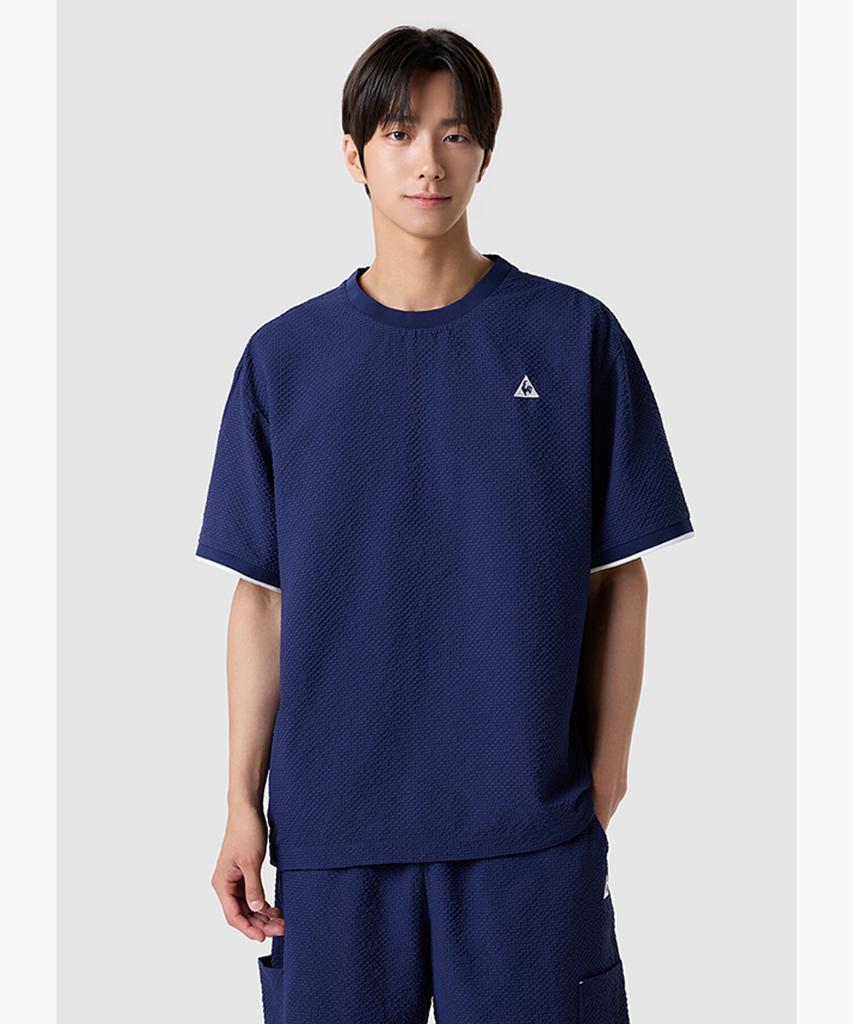 LECOQ Unisex Seersucker Loose Fit Short Sleeve Piste - Navy Qr223Lwt61 (A Type)