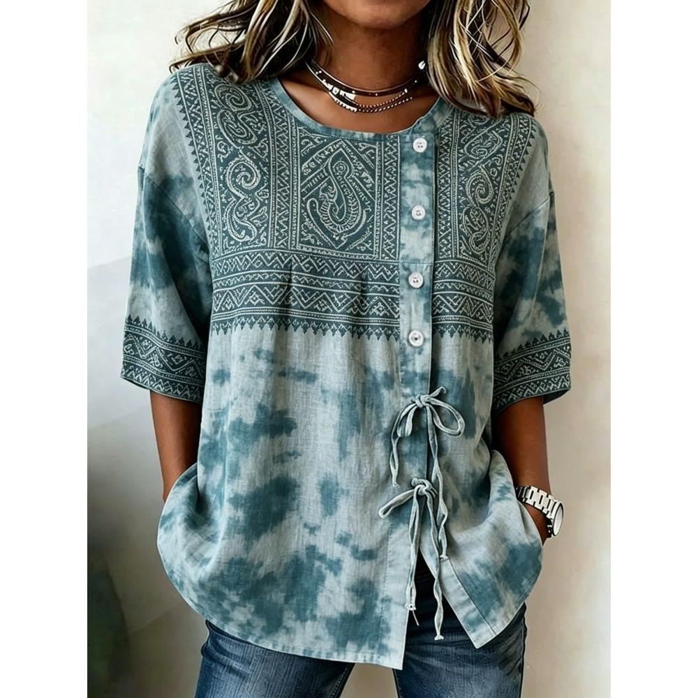 Women's Boho Tie-Dye & Geometric Print Drawstring Button Up Blouse, Casual Round Neck Tops for Spring Summer Daily Vacation Wear
