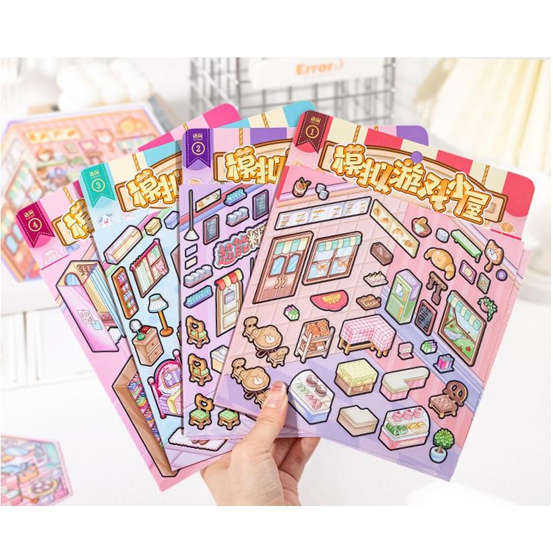 Baking House Cooking House Fashion Wardrobe Fairy Tale House all 4 Themes PET Paster Miniature Simulation Game Cabin 3D Visual Scene Creation Sticker