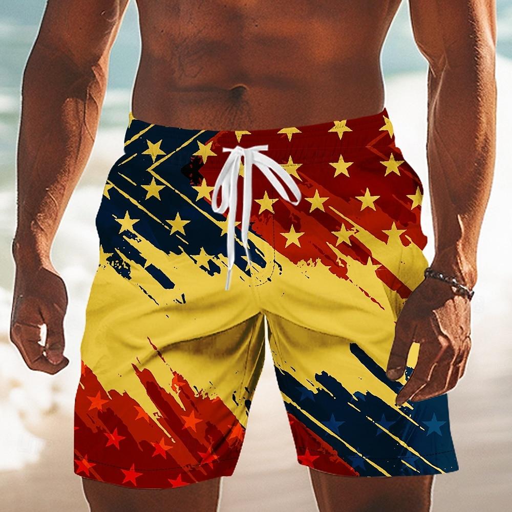 Bañador Patriótico de Diseñador para Hombre, Estampado de Bandera de EE. UU., Board Shorts de Cintura Media con Cordón para Primavera y Verano