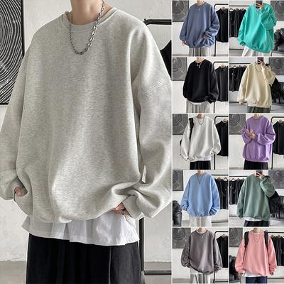 Round Neck Sweatshirt Men Ins Trendy Hong Kong Style Loose Pullover Top Couple Plus Size Solid Color Bottoming Shirt