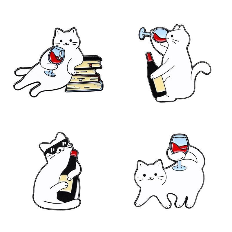 4PCS/Set Cartoon Red Wine Cat Enamel Badges Book Sunglass Cute Whiskey White Cat Metal Pins For Backpack Hat Punk Lapel Brooch