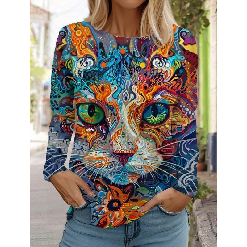 Art Cute Cat Women's Long Sleeves T-Shirt 3D Print Clothing Autumn Fashion Animal Clothing Holiday Gift Clothing Party T-Shirt