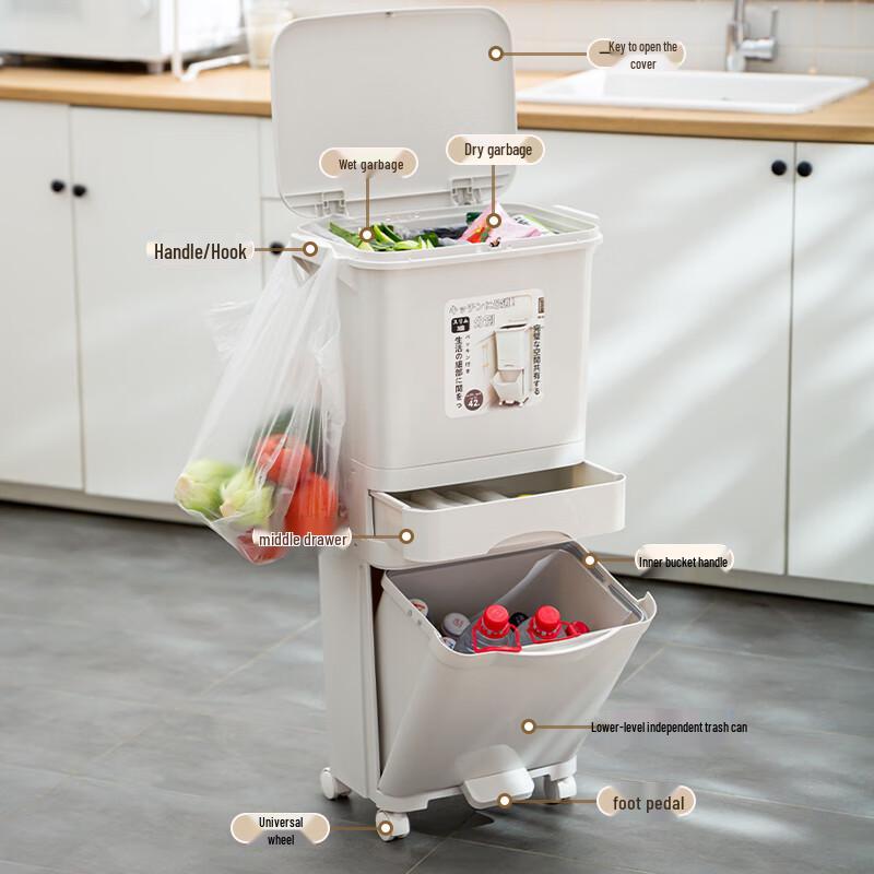 Japanese Style 42L Kitchen Waste Bin with Lid and Wheels
