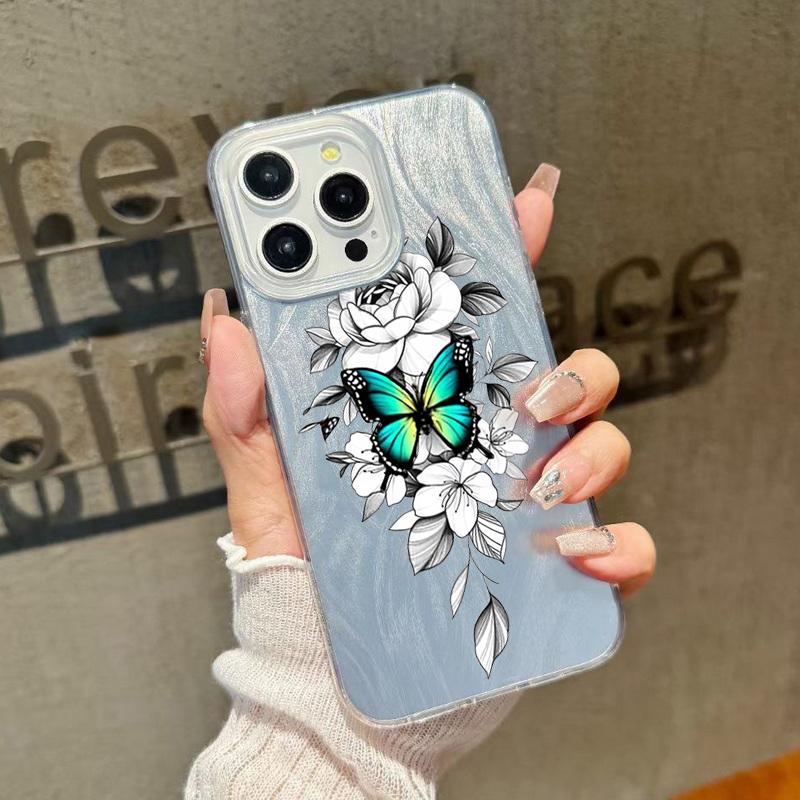 

Для iPhone 16 Pro Max 15 Pro 14 13 12 11 чехол для телефона Shell Butterfly Pattern Glitter Slim TPU Clear Soft Edge противоударный жесткий чехол-бампер из ПК iPhone 13 светло-зеленый