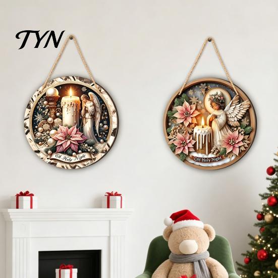 Xmas Door Hanger Christmas Wooden Hanging Sign, Gnome Snowman Angel Candle 2D Wood Plaque, Indoor Holiday Party Decor Vintage Wall for Home