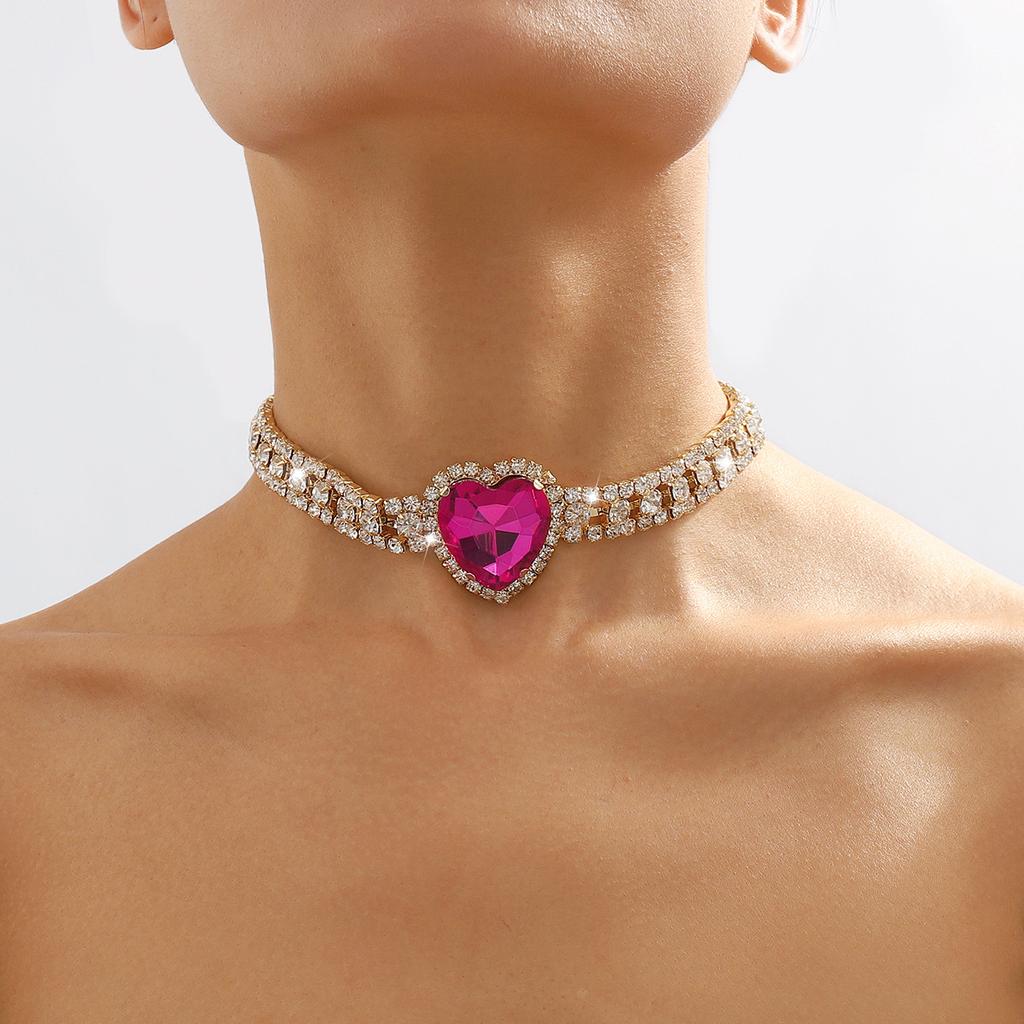 Fashion Bling Rhinestone Rose Heart Pendant Choker Necklace for Women Crystal Wedding Party Statement Jewelry