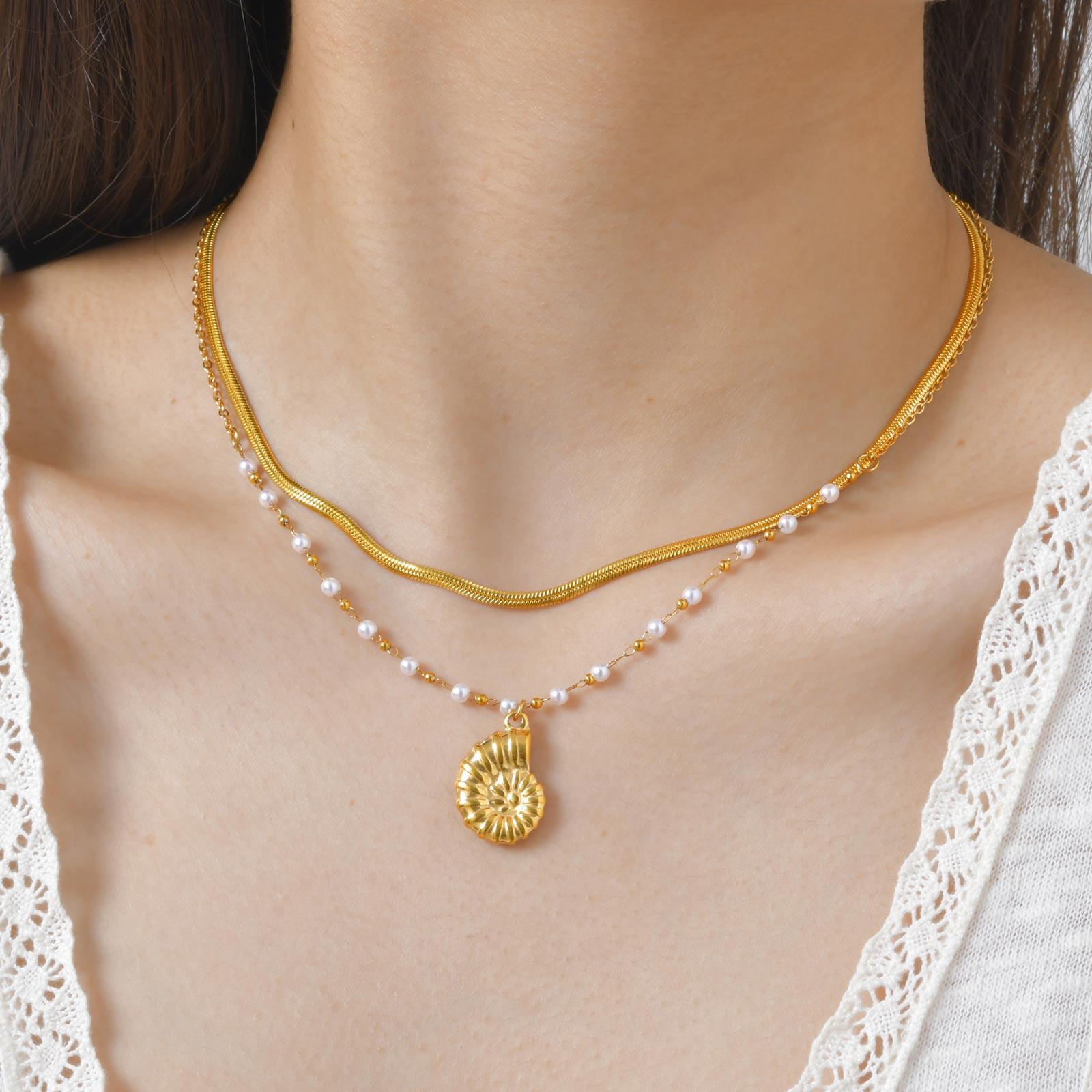 

Marine Style Conch Double Layered Necklace for Women,Gold Color Stainless Steel Necklaces,Holiday Beach Jewelry Gifts