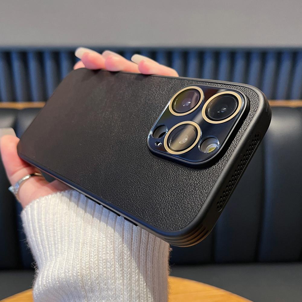 Luxusní kožený chladicí kryt na telefon se vzorem liči pro iPhone 15 14 13 12 Pro Max, ochrana objektivu, odvod tepla, kryt rámečku