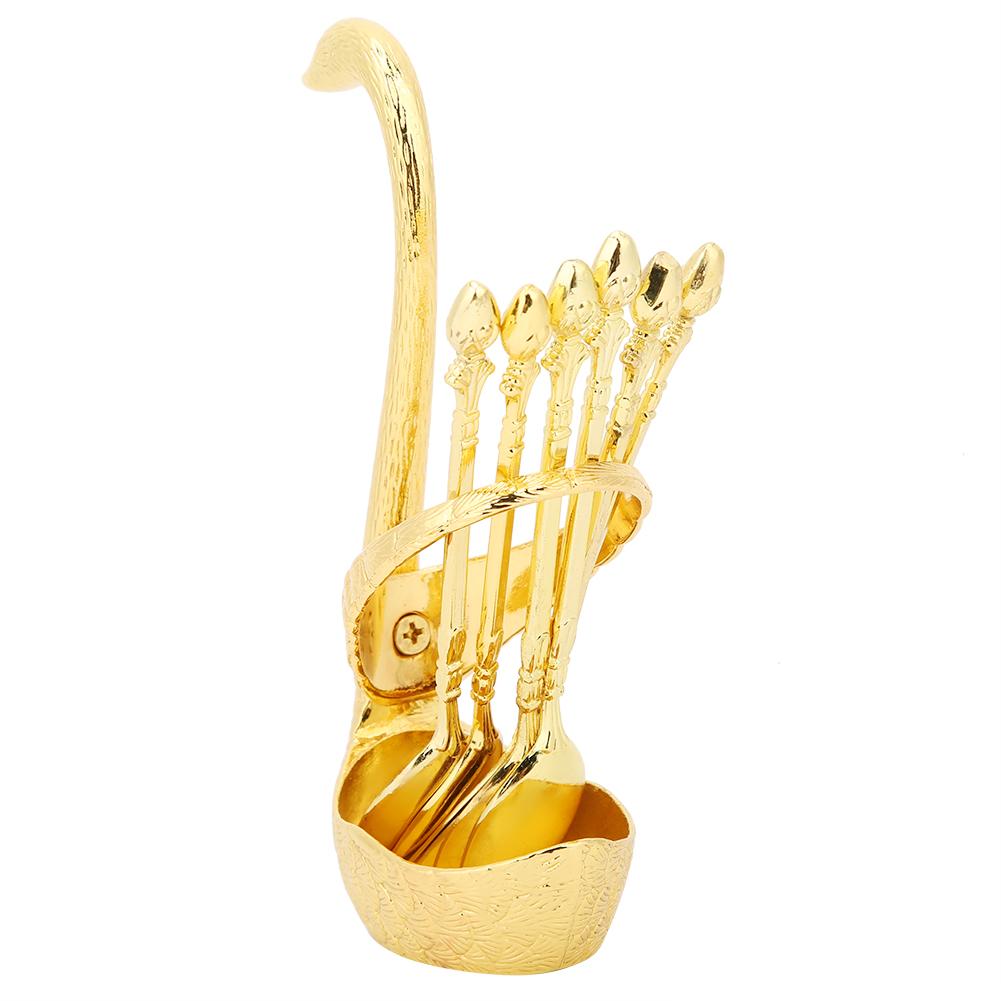 Zinc Alloy Swan‑Shaped Bracket Fruit Dessert Spoons Set Kitchen Tableware Wedding Supplies(Gold 6 Spoons )