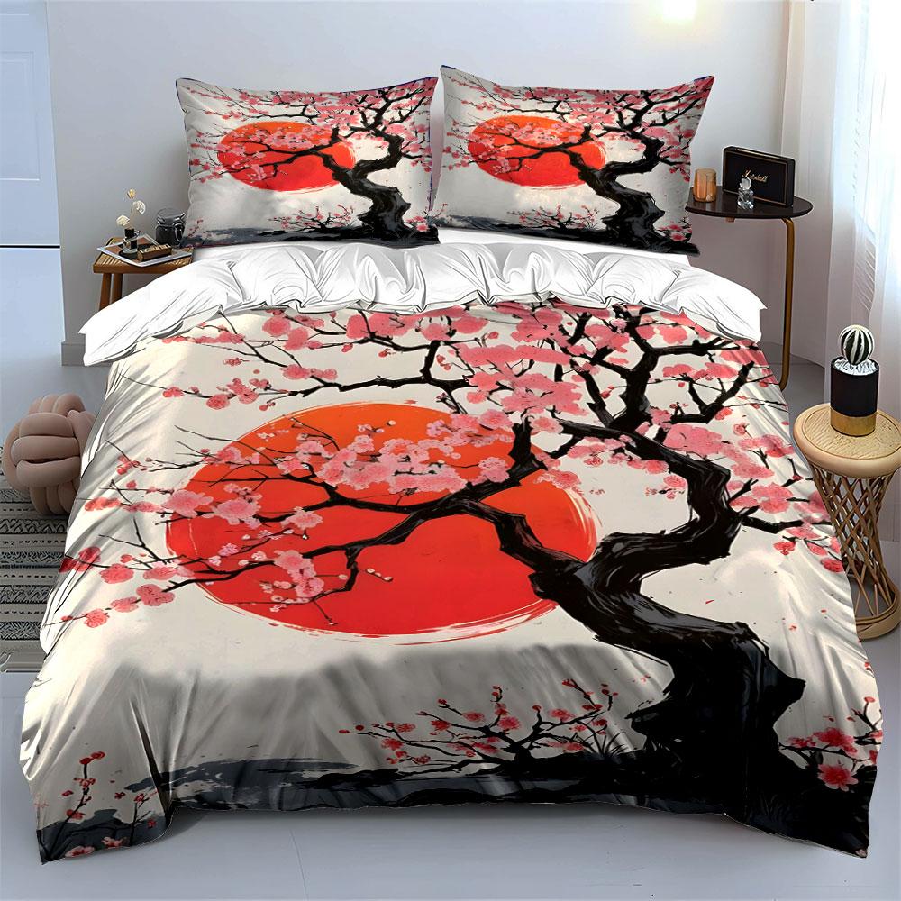 Plum blossoms and setting sun Bedding Set for Kids Luxury Gift 3pcs Digital Print Comforter Set Soft Comfortable Breathable