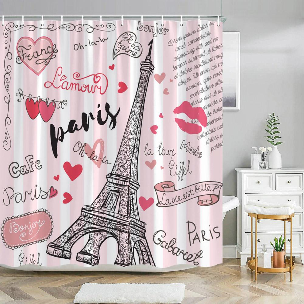 

Paris Eiffel Tower Pink Shower Curtain Valentine s Day Flowers and Butterflies Polyester Washable Shower Curtains Bathroom Decor 47x70in-120x180cm