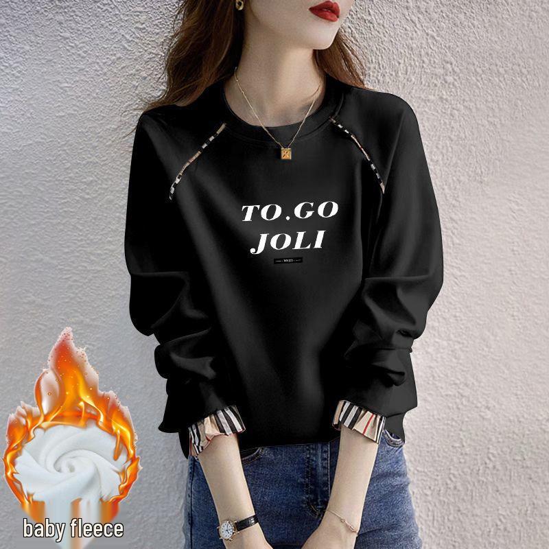 Women's Plus Velvet Loose Pullover - 2025 Spring/Autumn Korean Style, Long Sleeve Round Neck, Fake Two-Piece, Hoodless Top.