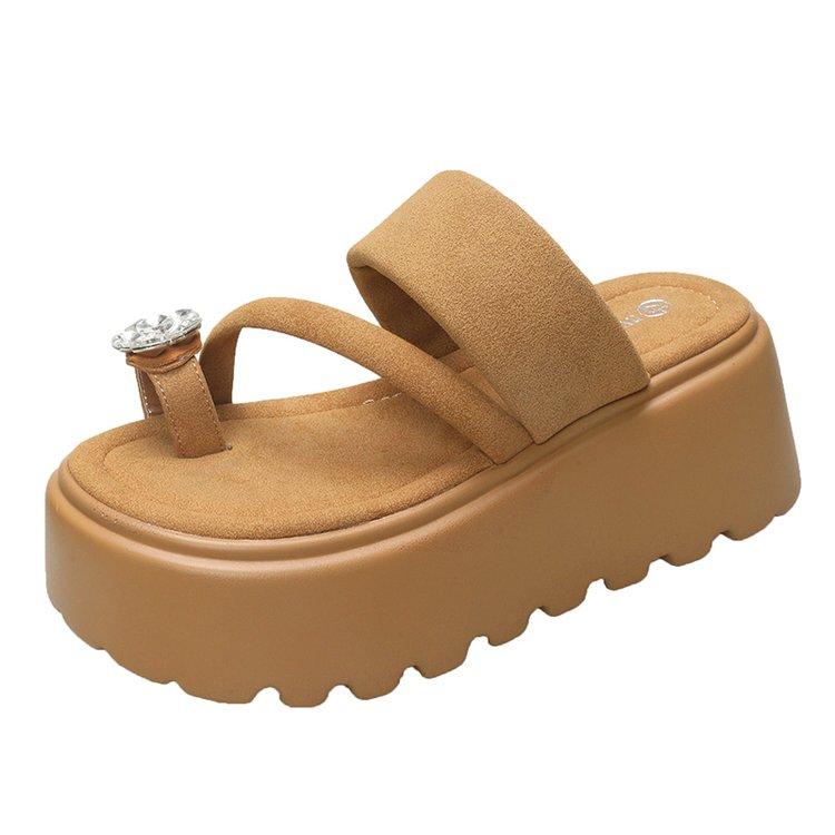 Fashion 8CM Women High Platform Slippers Summer Rhinestone Beach Flip-Flops Ladies Wedge Heels Flock Shoes Woman Outside Chunky Sandals
