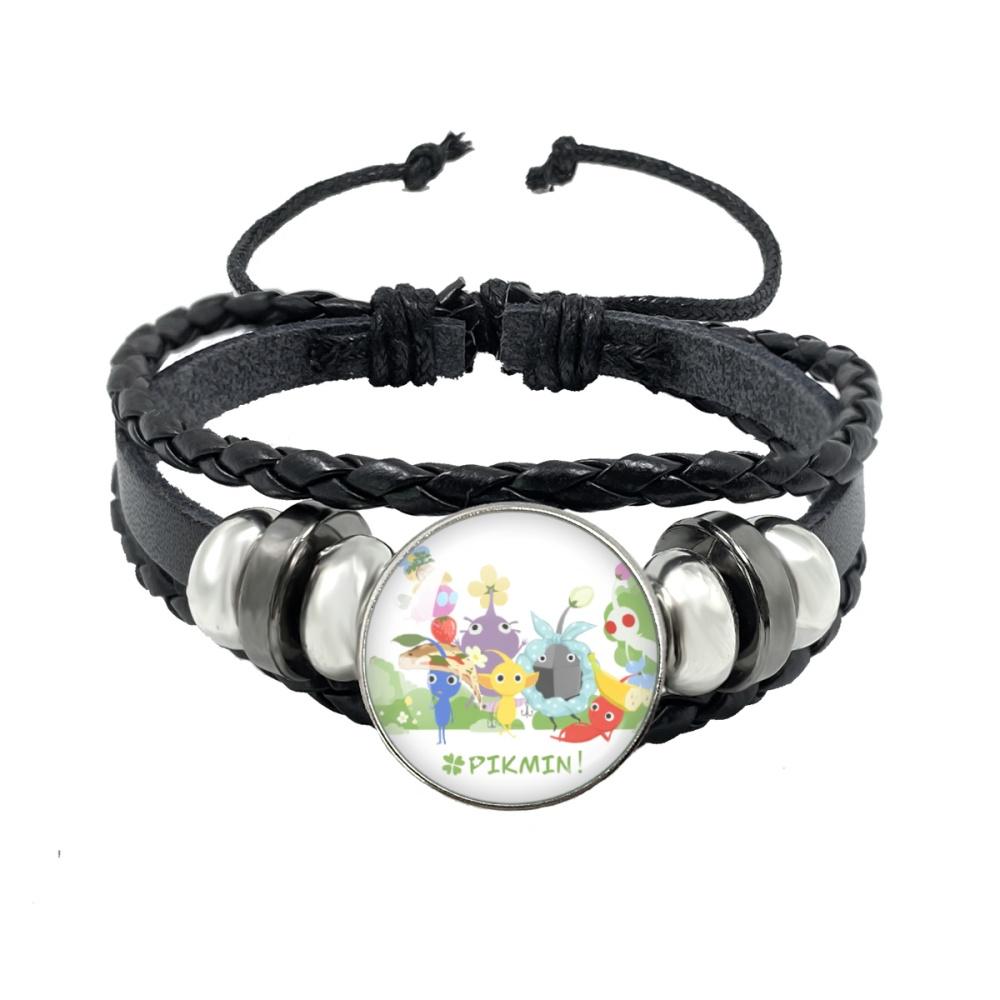 Creative Game Pikmin Cartoon Button Rope Button Glass Cabochon Handmade Black Leather Bracelet Jewelry Charm Gift
