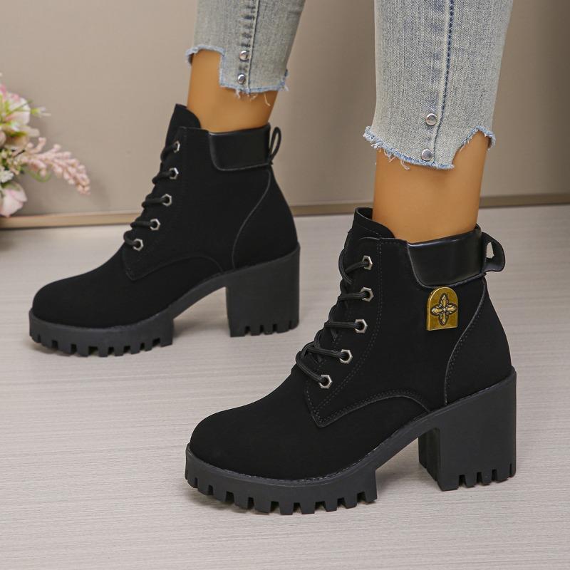 Foreign Trade Large Size Thick Heel British Style Color Matching Martin Boots Women's New Thick-soled Waterproof Table Lace-up Leather Boots