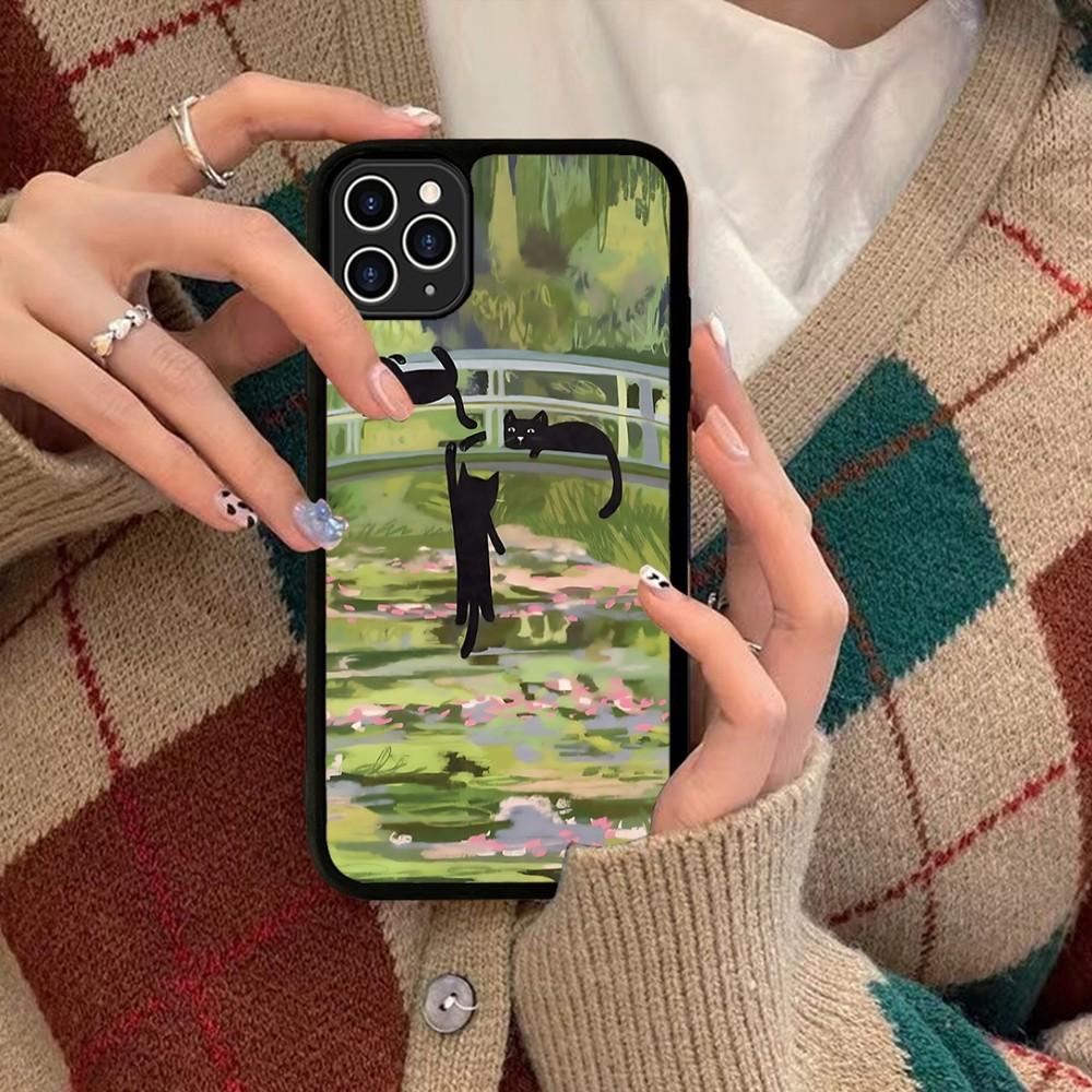 Cartoon Animal Black Cat Oil Painting Phone Case Silicone PC+TPU For For IPhone 11 12 13 14 15 16 Plus Pro Max Cover