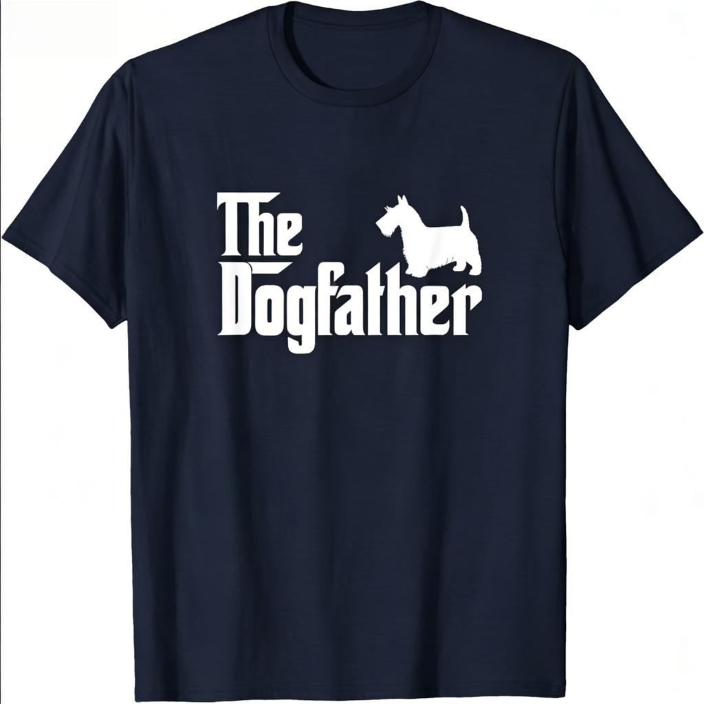 The Dogfather Scottish Terrier Silhouette Graphic Tee Short Sleeve Crewneck Shirt for Fathers Day Pure Cotton Tshirt Unisex