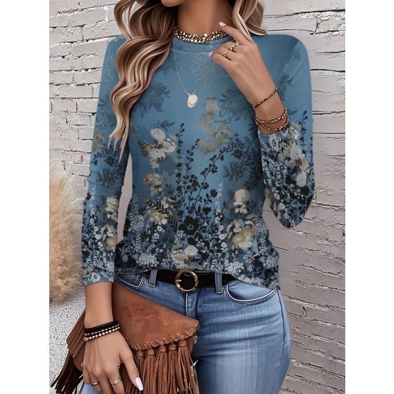 2026 New Women's Fashionable Long-Sleeved T-Shirt with Fresh Floral Pattern, Perfect for Everyday Wear and Stylish Outfits