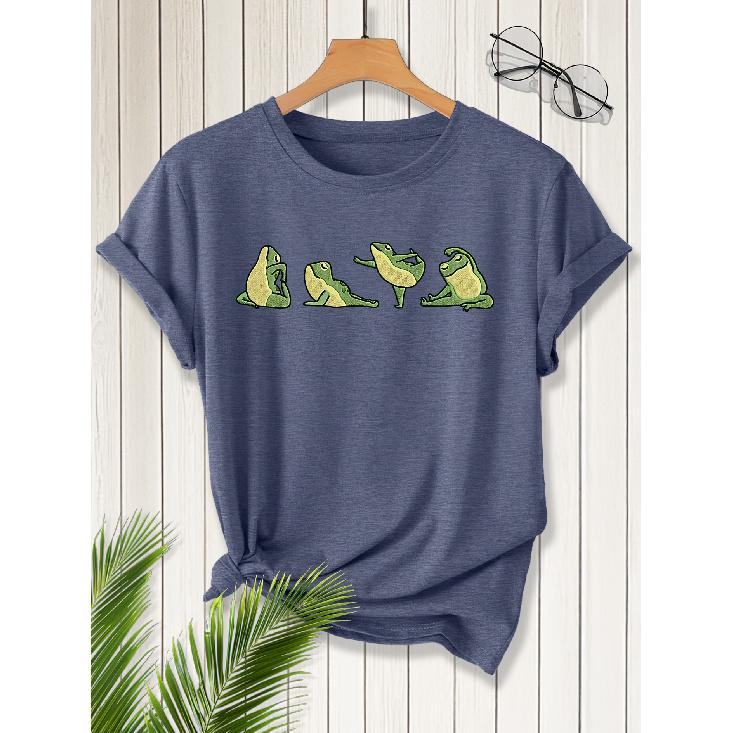Elegant short-sleeved dress for women Cute Yoga Frog Print Crew Neck T Shirt Suitable for spring wear Summer Autumn Winter fashion S сапфир синий