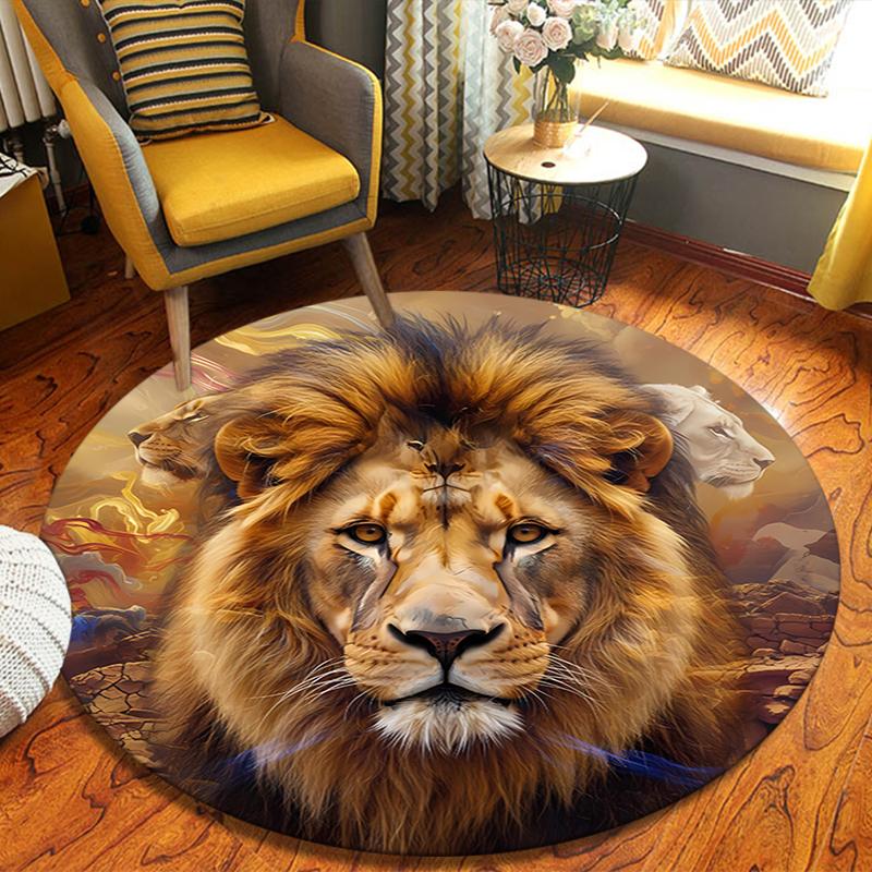 Deer Bear Wolf Round Area Rug,Carpet Rug for Living Room Bedroom Sofa Playroom Decor,Non-slip Floor Mat