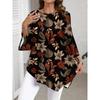 New Round Neck Plant Floral Seven Quarter Sleeved Top Loose and Elegant Plus Size Temperament Short Sleeved T-shirt Commute