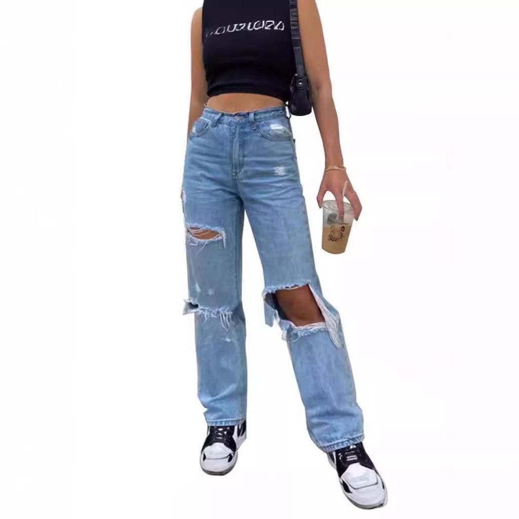 Women's Ripped Wide-Leg Thin Denim Pants