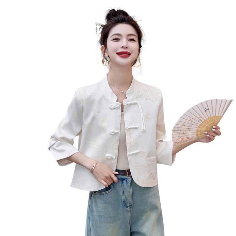 Off-white Coat Women's Short Spring and Autumn New Disc-buckled Stand-up Collar Jacquard Tang Suit Top Trendy
