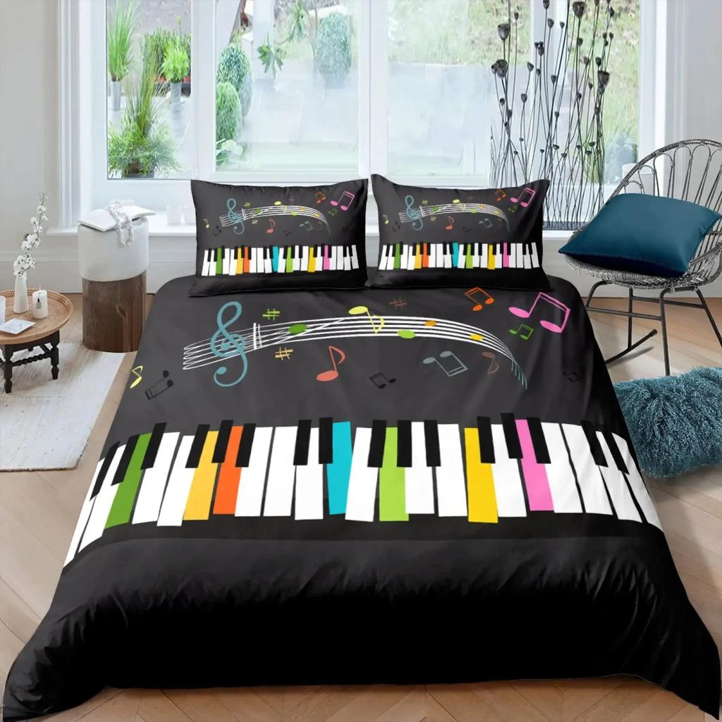 Piano Keys Duvet Cover Set Rotating Musical Notes Bedding Set Tie Dye Bedding Set Retro Music Comforter Cover Bedclothes Queen