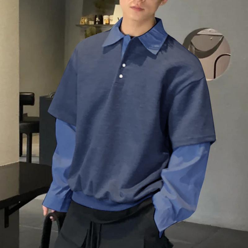 

INCERUN Мужские пуловеры с воротником-лацканом и длинным рукавом в стиле пэчворк Осенние повседневные топы с вышивкой 2XL синий