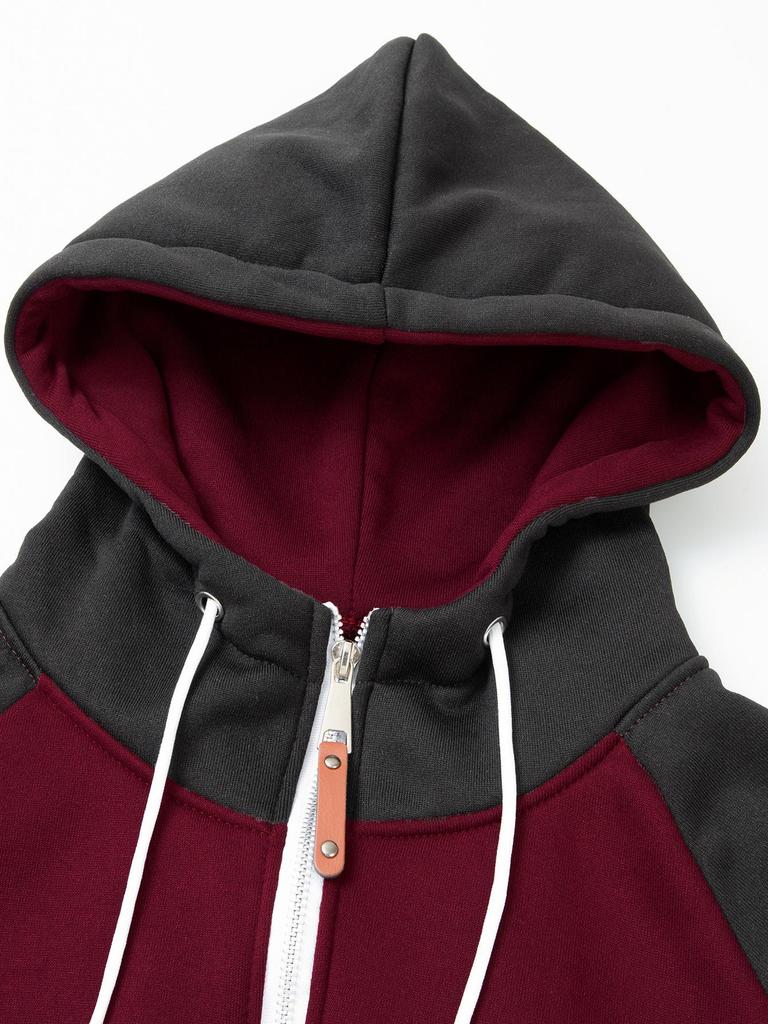 Men's European Size Color Block Raglan Sleeve Hooded Cardigan Sweatshirt