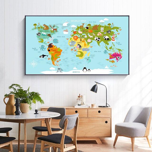 

Мультфильм океан животных карта мира настенная живопись на холсте плакаты на скандинавскую тему и принты настенные панно для детской комнаты для украшения детской комнаты 50cm×100cm NoFrame