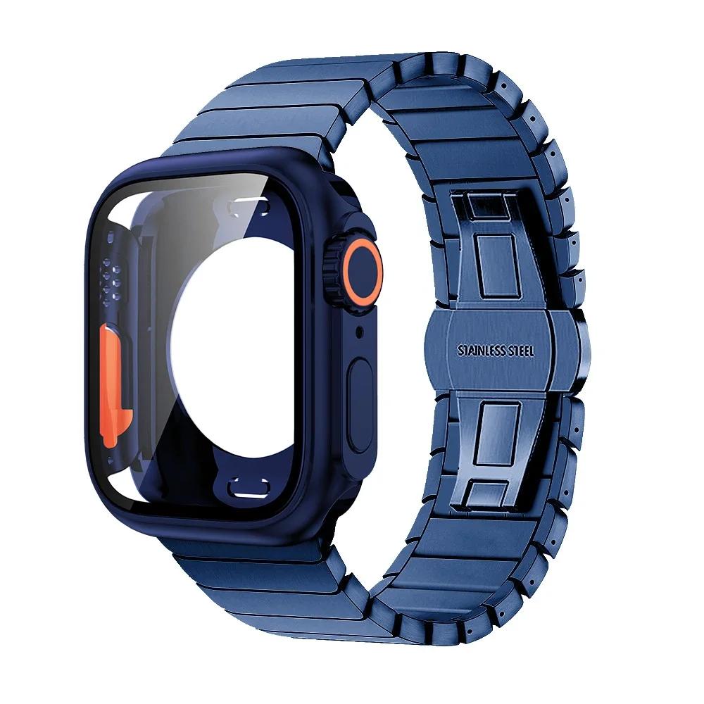 Strap+Case for Apple Watch Band 46mm 42mm 45 41 40 44mm Stainless Steel Bracelet  PC Cover for Iwatch Series11 10 9 8 7 6 SE 5 4