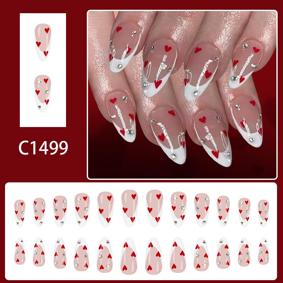 Sweet French Style Medium Length Almond Shaped Press On Nails White Tip Red Heart Rhinestone 24Pcs красный