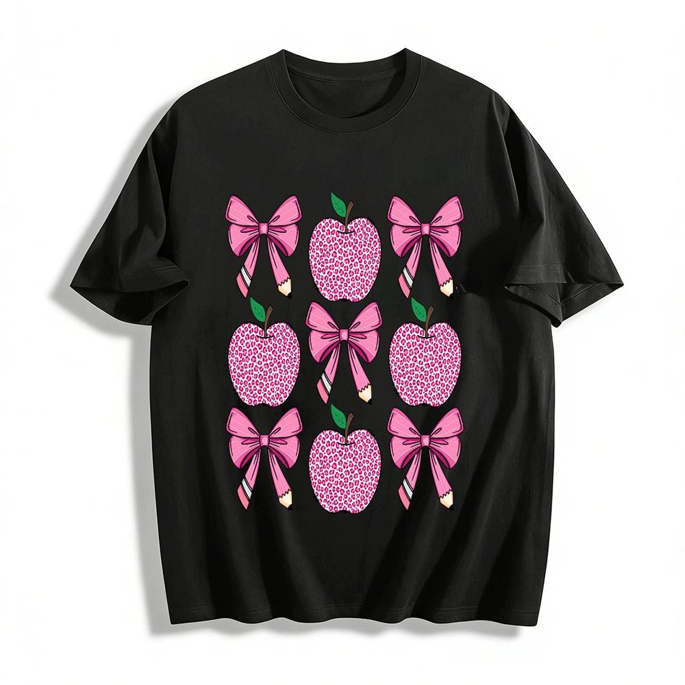 Pink Leopard Print Apple Pencil Bow Fun Graphic Casual Top Pure cotton T-shirt XXS