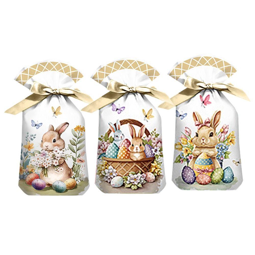 50PCS Drawstring Easter Candy Bags Snack Decoration Easter Eggs Easter Gift Bag Rabbit Ears Party Supplies Cookies Snack Packing