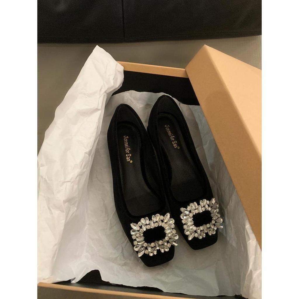 Coarse Heel French Rhinestone Temperament Single Shoes Women's Shoes 2025 New Spring and Autumn Black Square Head Commuting Shoes